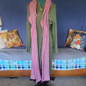 Green Dress with Pink Scarf